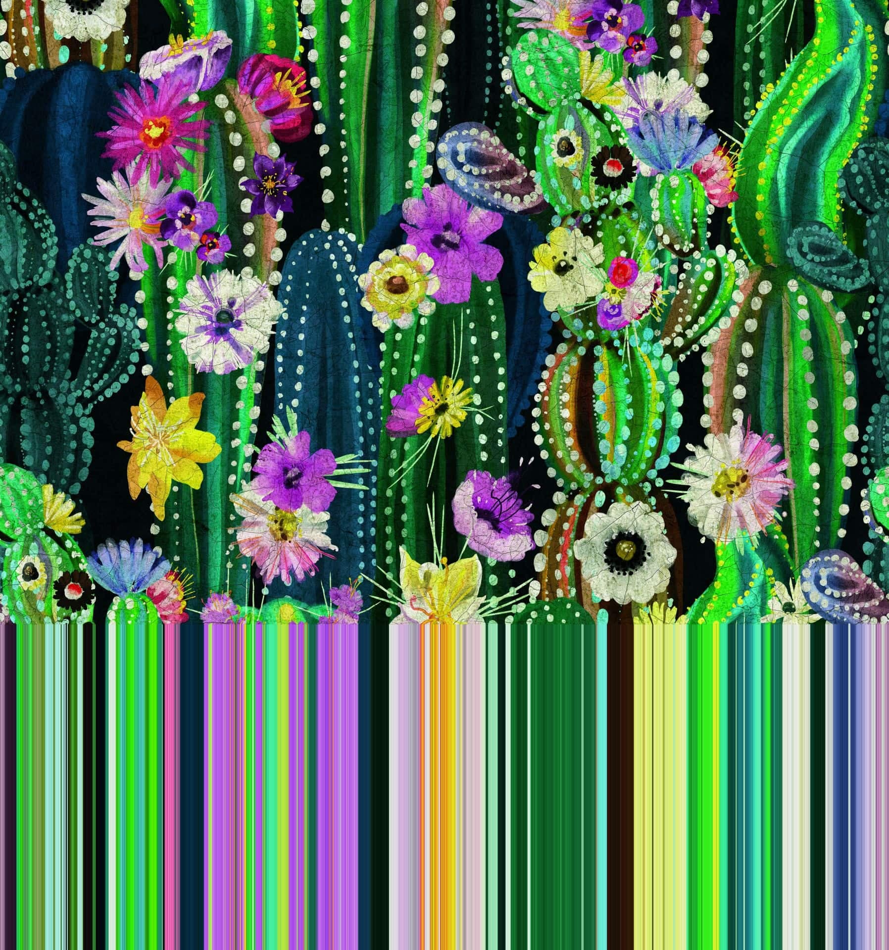 Fotomurale con motivo giardino di cactus con fiori colorati e motivo a punti in 3,4 x 3,18 m