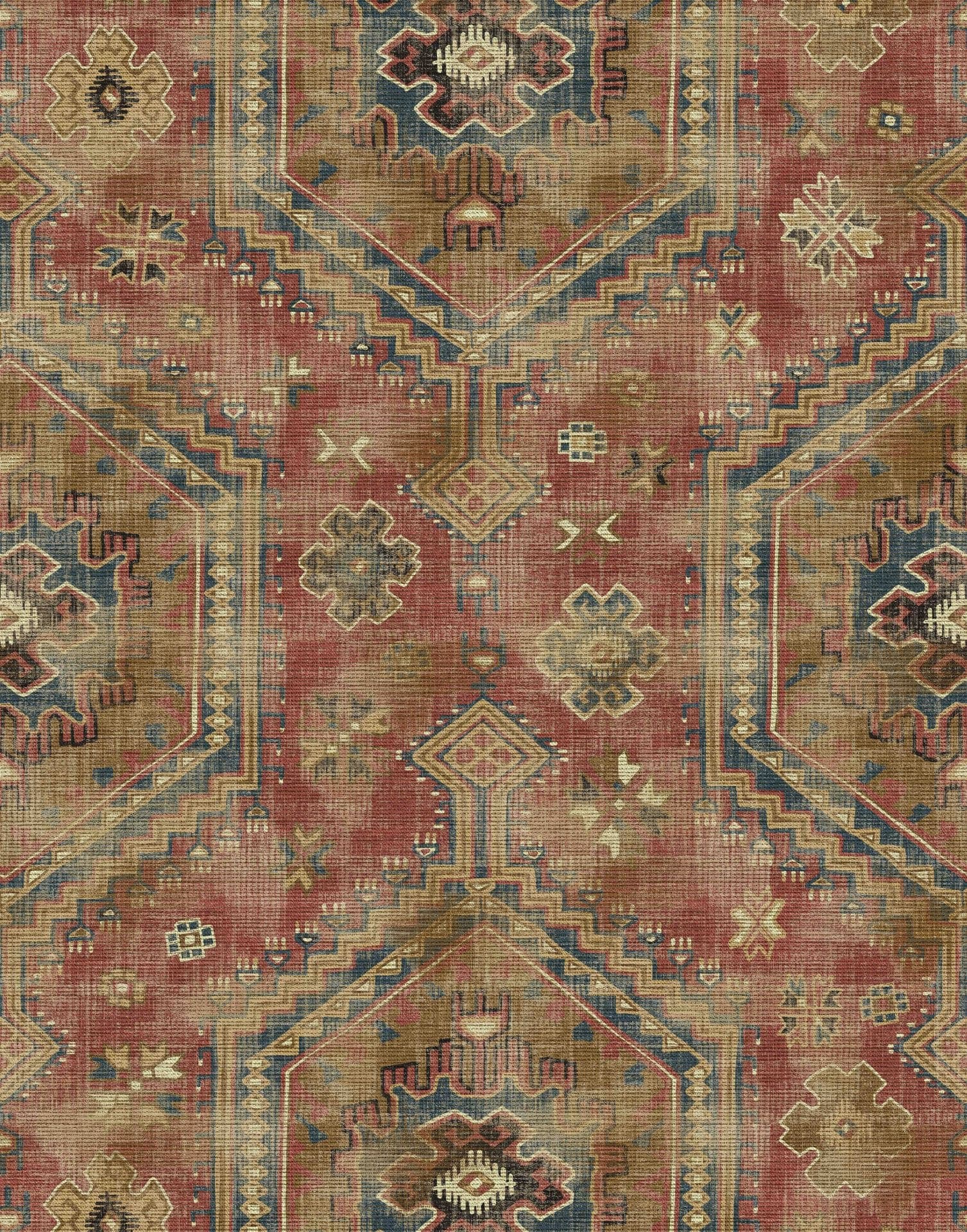 Fotomurale con motivo tappeto vintage in rosso ruggine e oliva 3,4 x 2,65 m