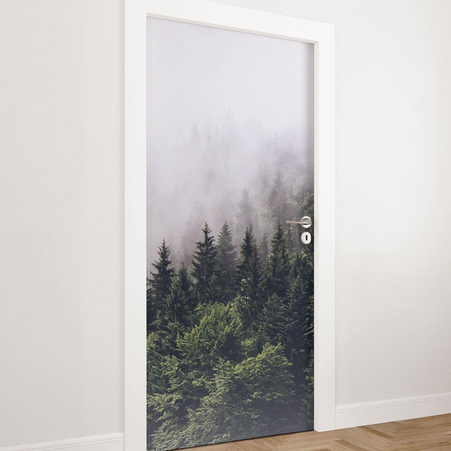 Pellicola per porte con foresta nebbiosa - Decorazione autoadesiva per porte