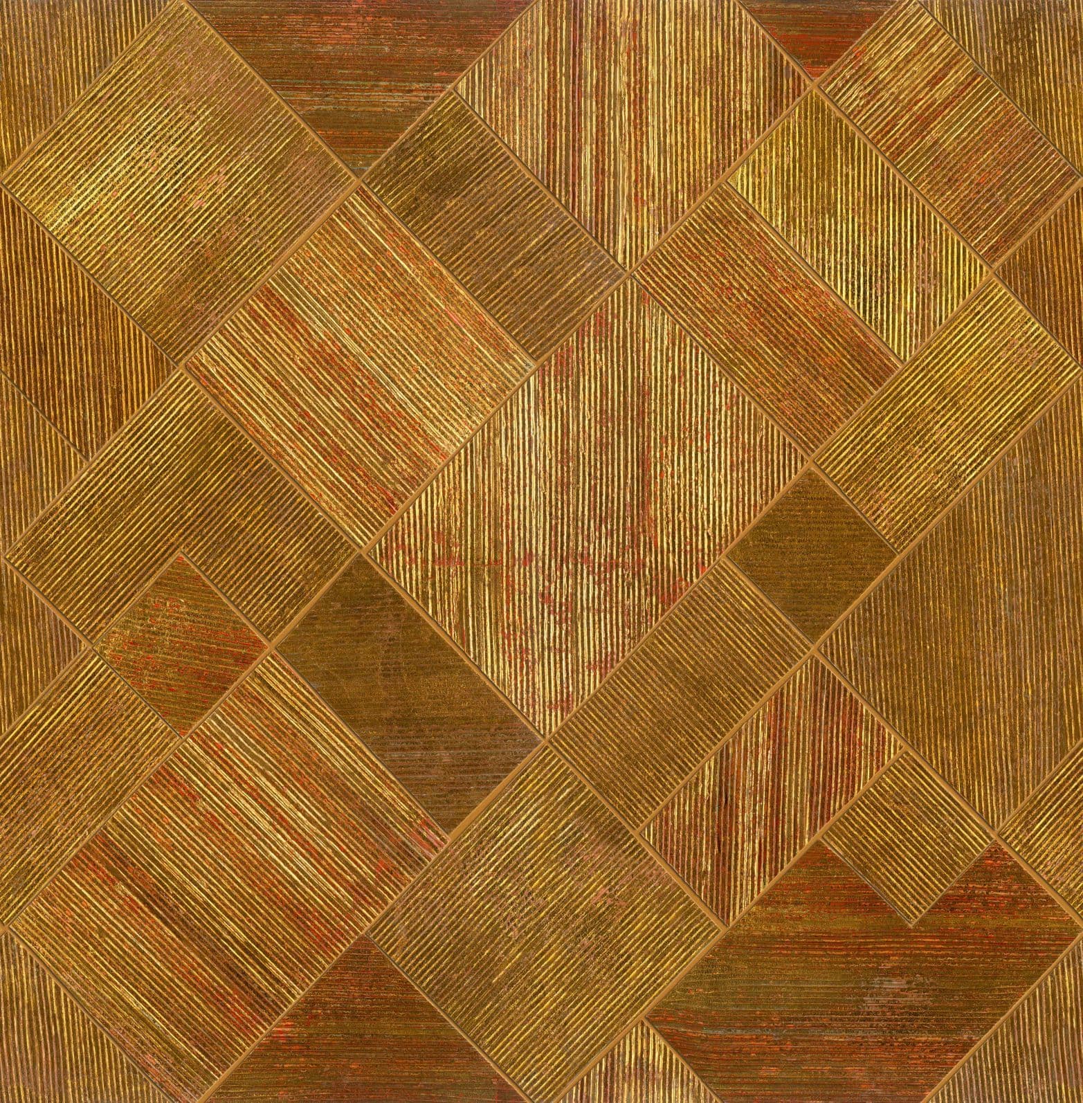 Fotomurale a righe geometriche in oro e oliva con texture tessile 2,7 x 2,65 m
