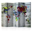 Divisorio per sala - Mappa del mondo - Graffiti del mondo, 5 pezzi - 225x172 cm