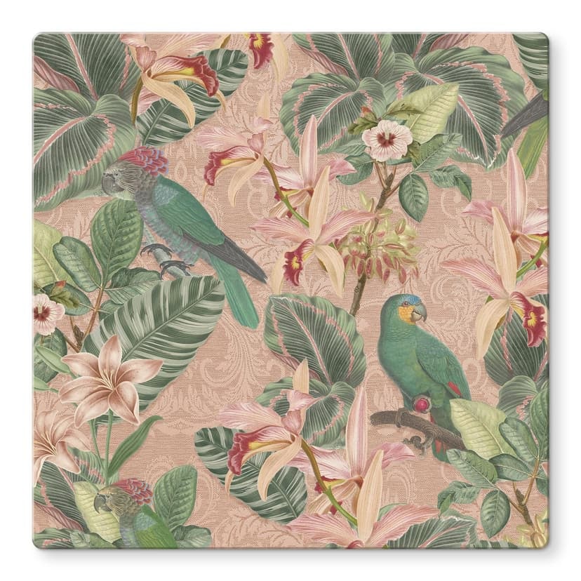 Stampa su vetro Jungla con pappagalli rosa - Decorazione floreale - Quadrato
