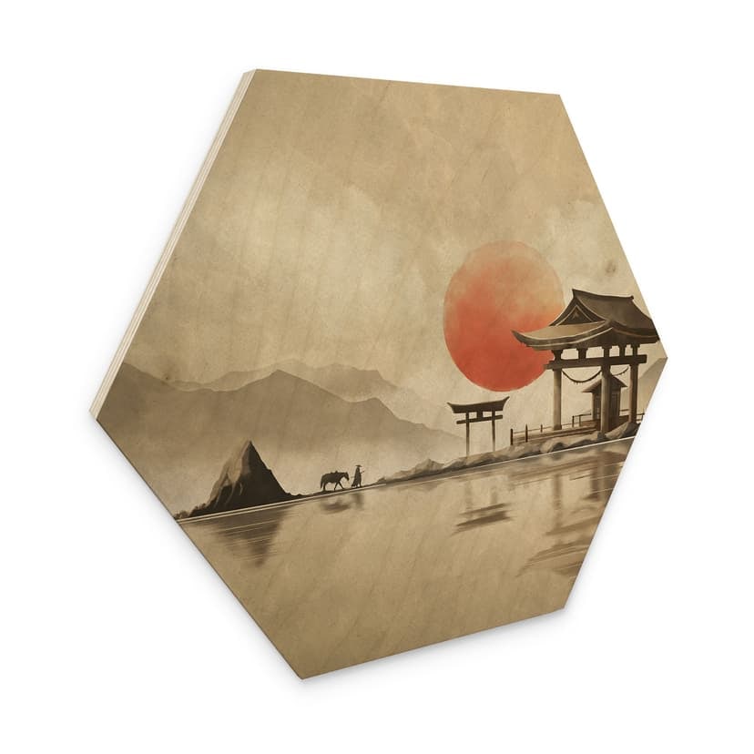 Stampa su legno esagonale Tempio giapponese all'alba - Roze