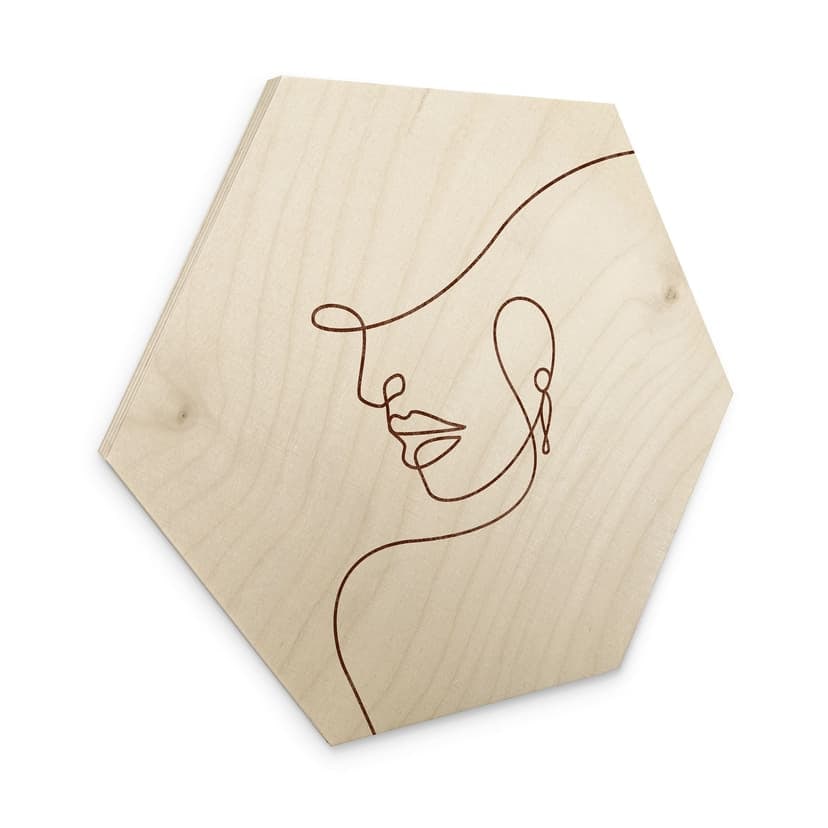 Stampa su legno esagonale Contorni delicati di una donna - Line Art - Tunaboylu