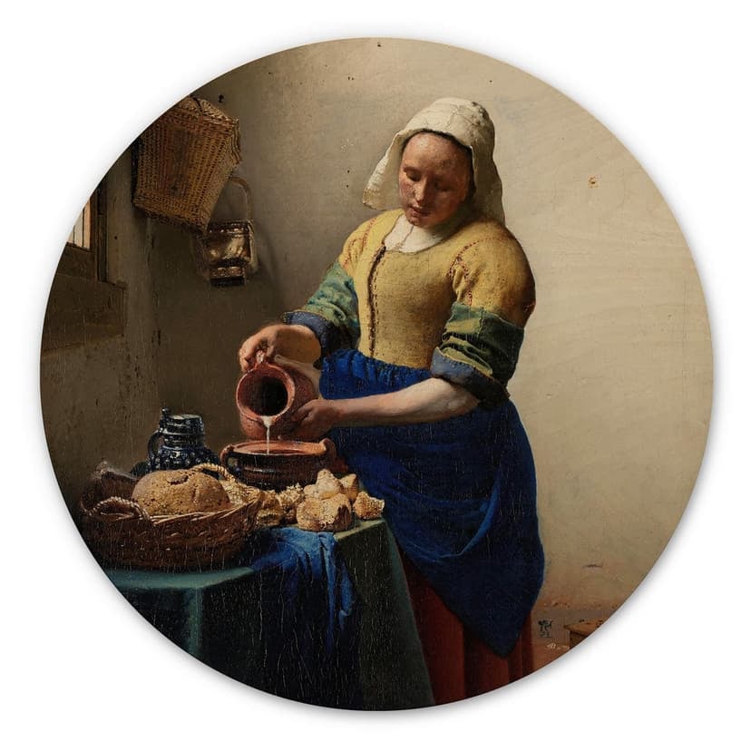 Stampa su legno di Vermeer - La ragazza con la lattiera - Rotondo