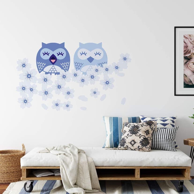 Adesivo murale - Fiori di ciliegio e civette in azzurro