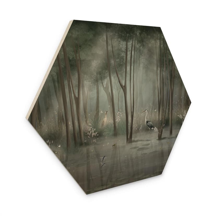 Stampa su legno esagonale foresta di nuvole al lago con airone in verde - Ms Tiff