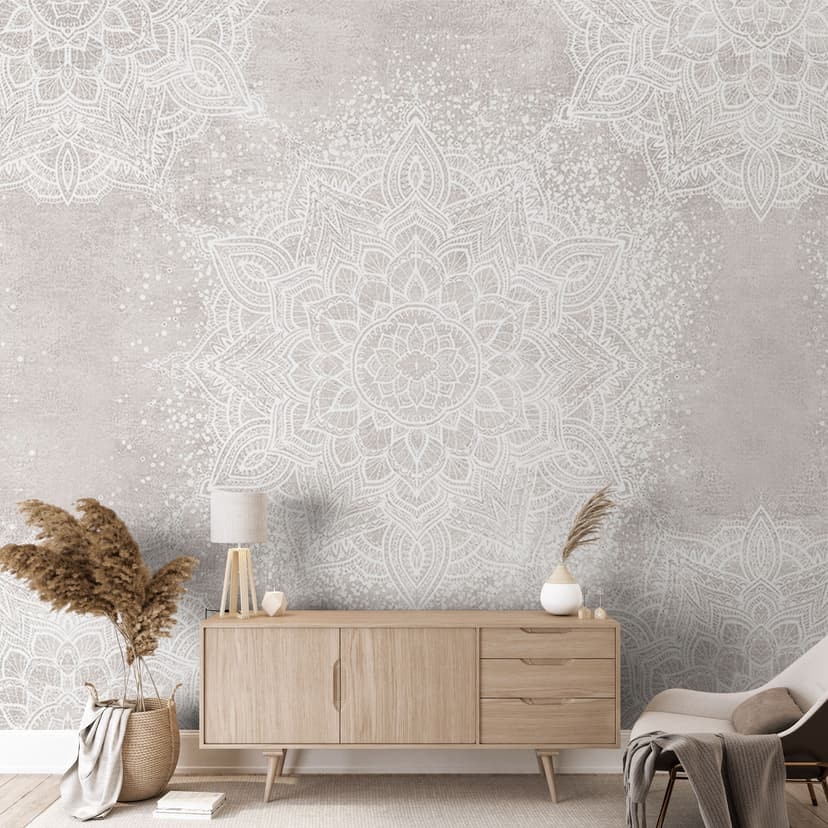 Mandala morbido su carta da parati grigio-beige - Bloomery Decor