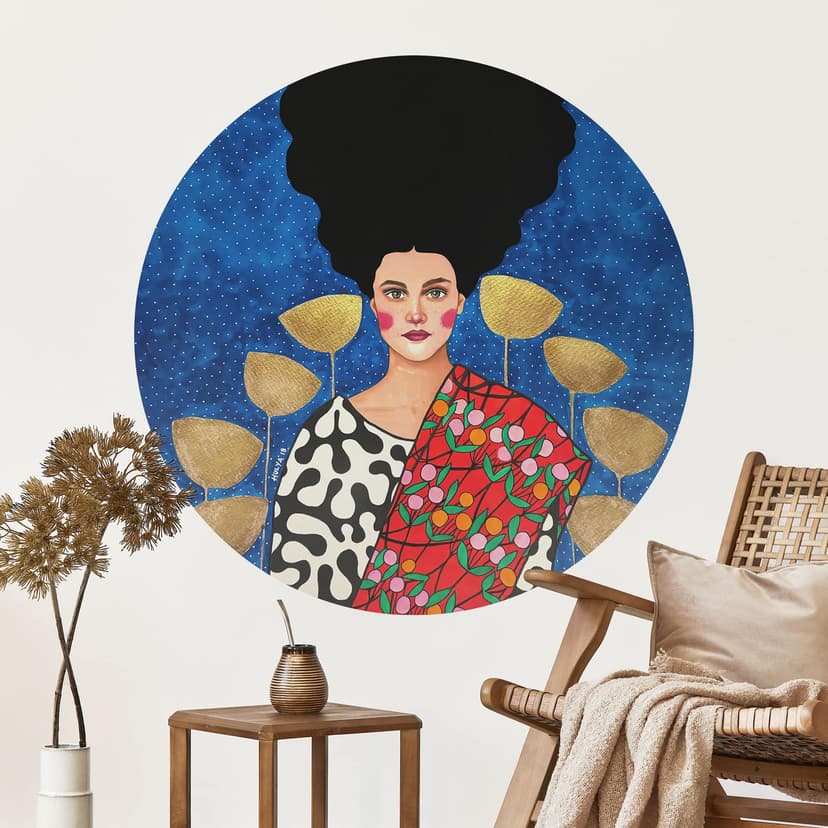 Adesivo murale Donna nel campo con foglie d'oro - Hülya - Rotondo