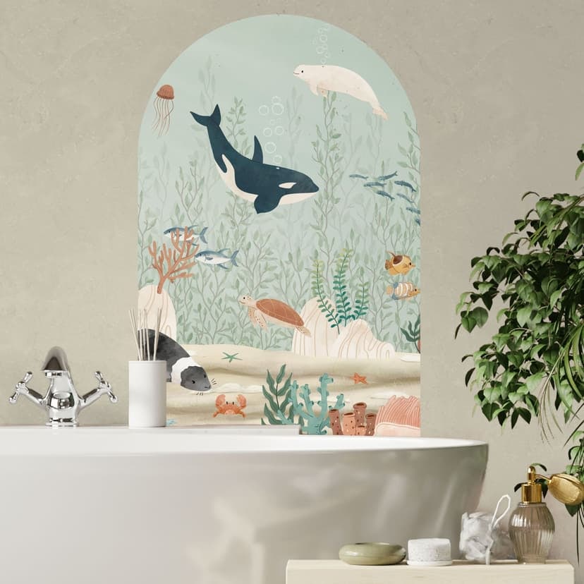 Adesivo murale ad arco tondo con animali marini nelle profondità dell'oceano - Oliver Robins - wide
