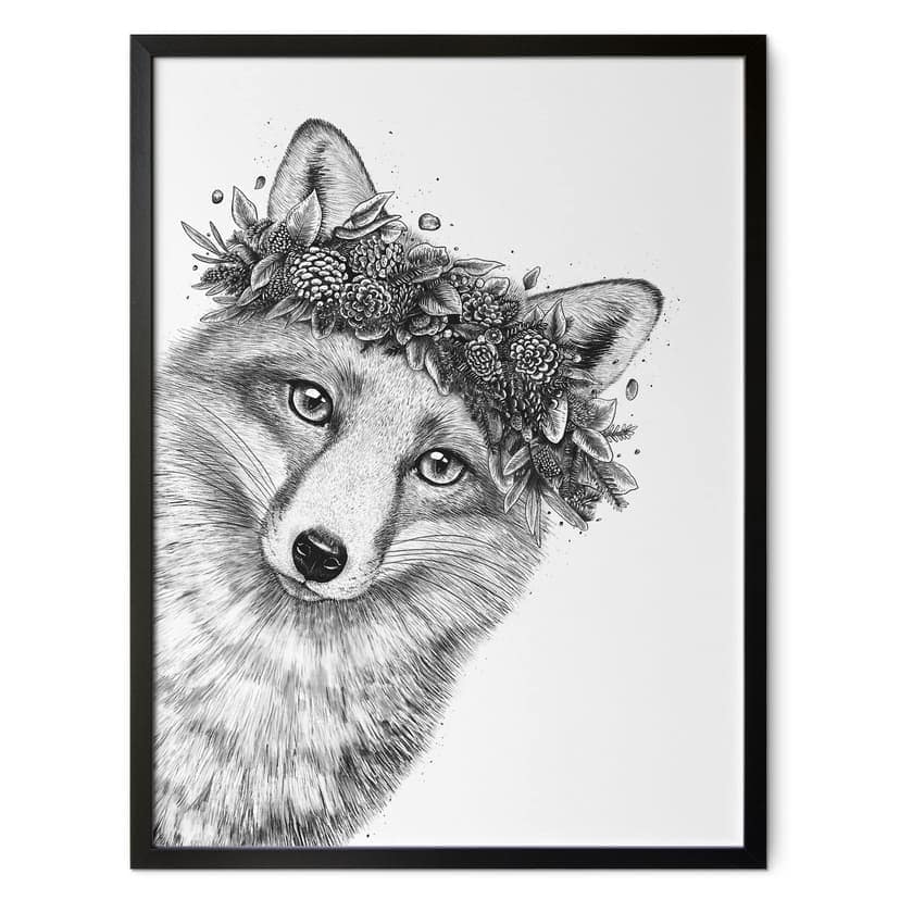 Poster Volpe in bianco e nero con corona di fiori - Korenkova