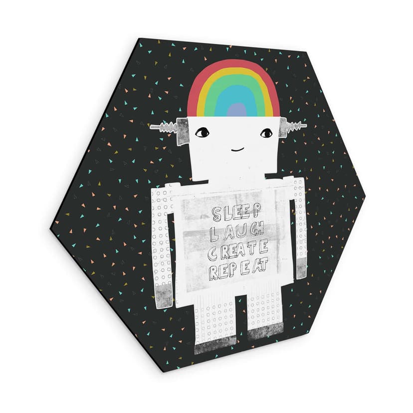 Stampe esagonali per pareti con robot arcobaleno Sleep Laugh Create - Treechild - alluminio dibond