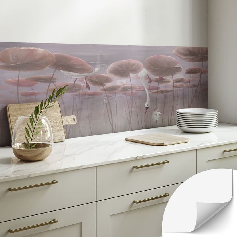 Rivestimento cucina autoadesivo Fiori di loto con cigno in acqua in rosa scuro - Ms Tiff