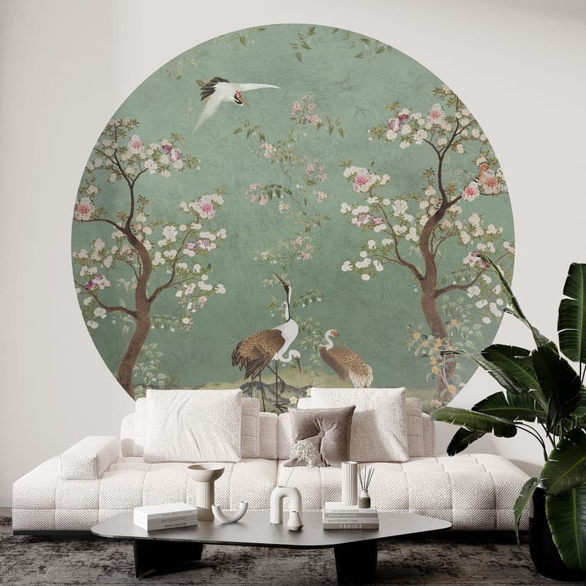 Fotomurale Cranes in floral landscape - Bloomery Decor - Rotondo - Autoadesivo/non tessuto
