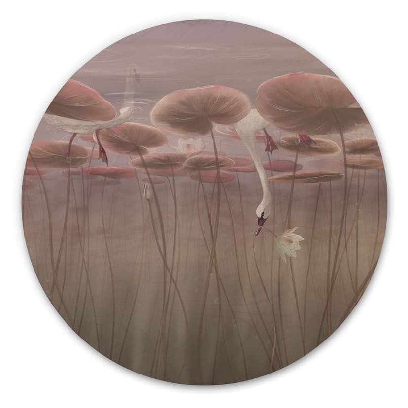 Stampa su legno fiori di loto con cigno nell'acqua in rosa scuro - Ms Tiff - Rotondo