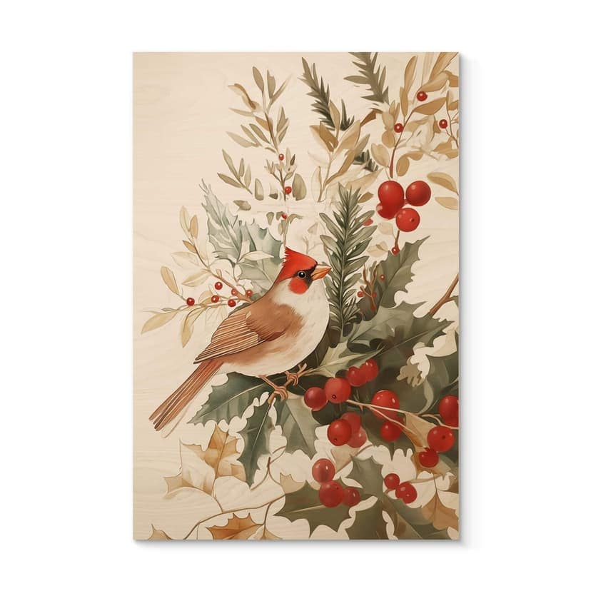 Stampa su legno uccello cardinale con ramo di bacche - Melloi Art Prints