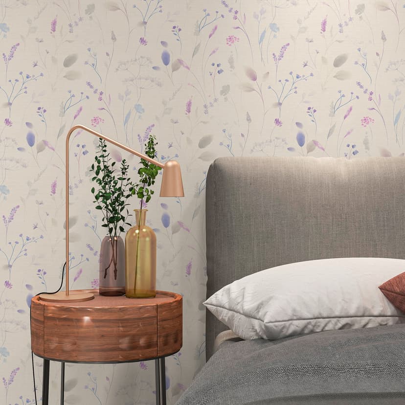 Carta da parati a fiori di prato lilla blu bianco - Carta da parati in tessuto non tessuto a fiori con effetto acquerello
