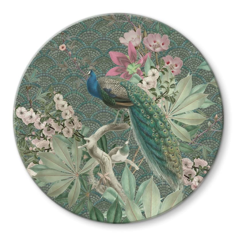 Stampa su vetro Pavone in giardino tropicale su mosaico - Bloomery Decor - Rotondo