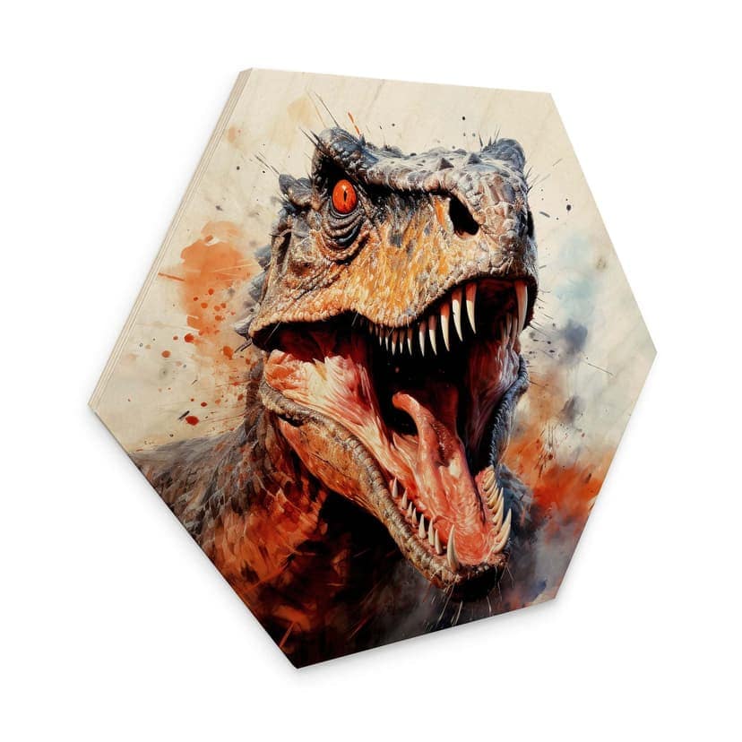 Quadro esagonale in legno T-Rex: il volto selvaggio della preistoria - Jaszke