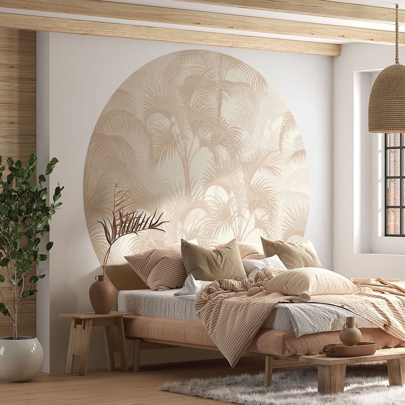 Fotomurale Palme nella giungla beige - Bloomery Decor - Rotondo - autoadesivo/non tessuto