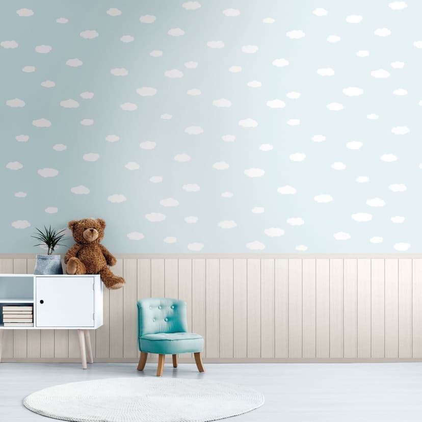 Nuvole azzurro bianco con pannello in legno - Carta da parati in tessuto non tessuto per la stanza dei bambini, espandibile