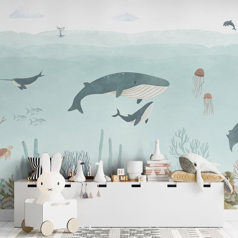 Carta da parati per bambini avventura subacquea con animali marini - blu - Oliver Robins