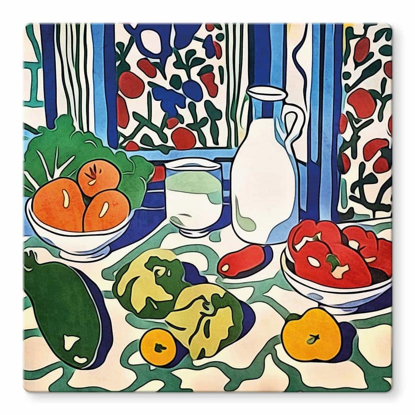 Stampa su vetro Frutta e verdura sul tavolo della cucina - Ispirato a Matisse - Zamart