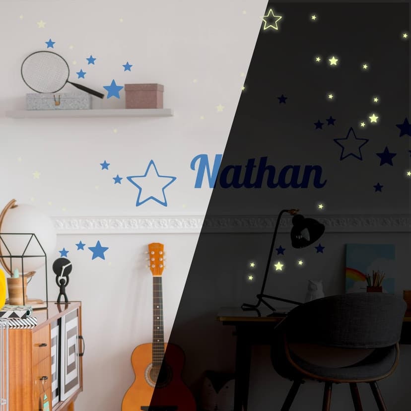 Adesivo murale + Nome e stelle + stelle luminose