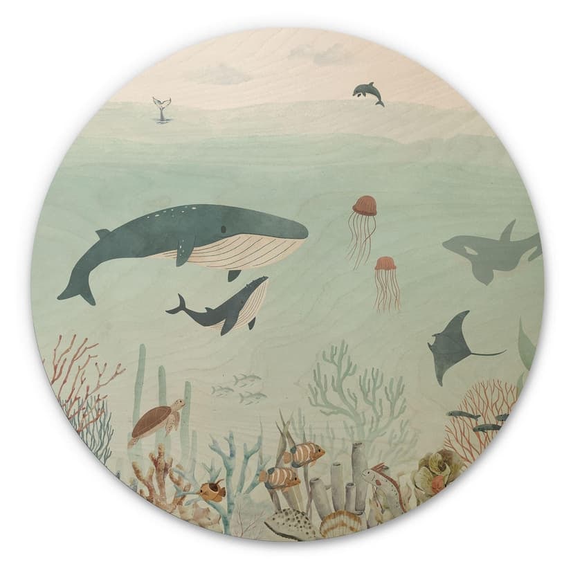 Stampa su legno avventura subacquea con animali marini - Blu - Oliver Robins - Rotondo