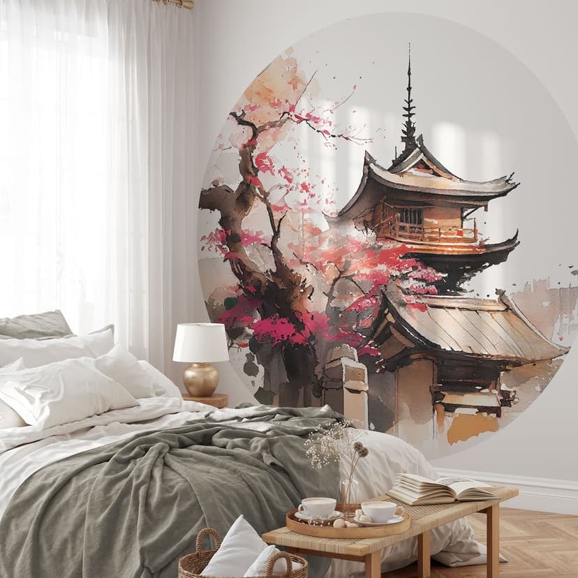 Fotomurale tondo Pagoda giapponese con fiori di ciliegio - Jaszke - carta da parati in tessuto non t