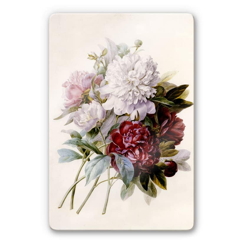 Stampa su vetro - Redouté - mazzo di peonie rosse, lilla e bianche