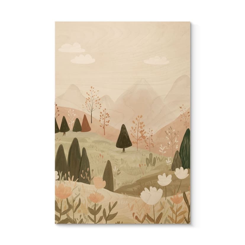 Stampa su legno paesaggio montano pastello con fiori - Treechild