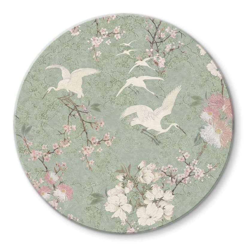 Stampa su vetro di gru in fiore di ciliegio verde - Decorazione floreale - Rotonda