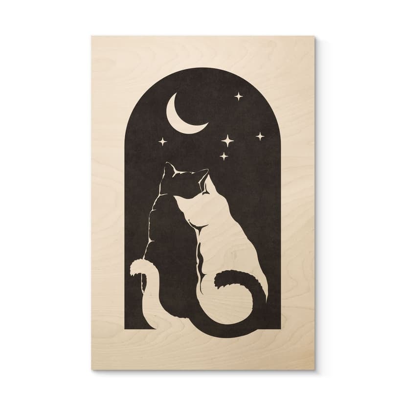Stampa su legno di due gatti al chiaro di luna - Tunaboylu