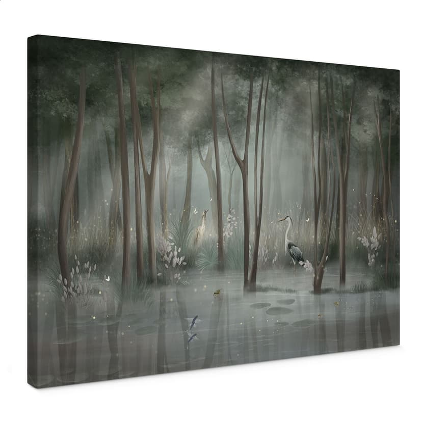 Stampe su tela Bosco di nuvole al lago con airone in verde - Ms Tiff