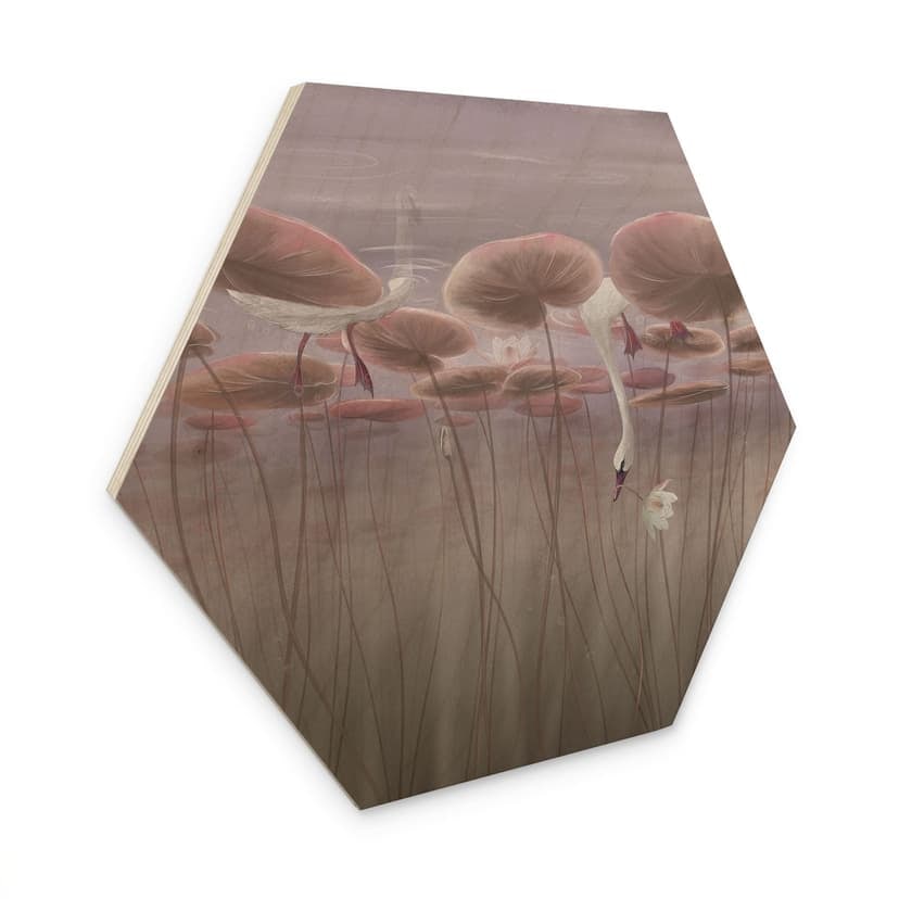 Quadro esagonale in legno con fiori di loto e cigno in acqua in rosa scuro - Ms Tiff