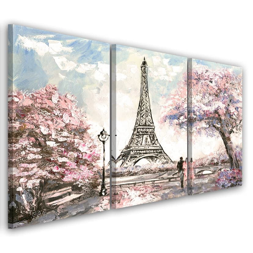 Stampa su tela 3 pezzi, Torre Eiffel rosa pastello