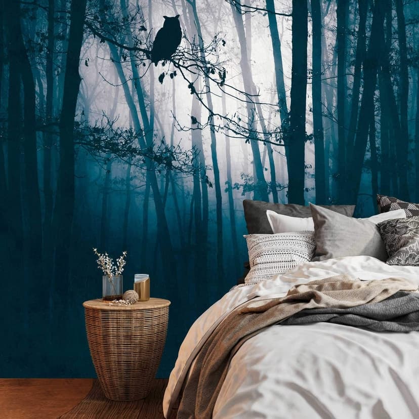 Notte di bosco blu nero - carta da parati in tessuto non tessuto con motivo di gufi per il soggiorno e la camera da letto