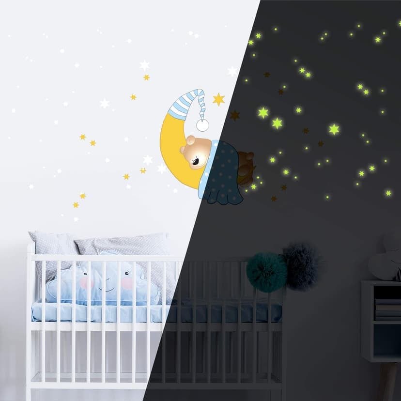 Adesivo murale - Orsacchiotto luna e stelle (blu) + stelle luminose