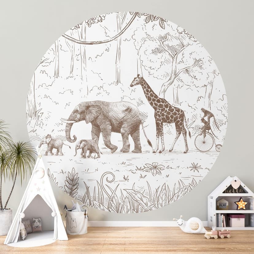 Fotomurale tondo Parata nella giungla con animali - Kikki Belle - carta da parati in tessuto non tes