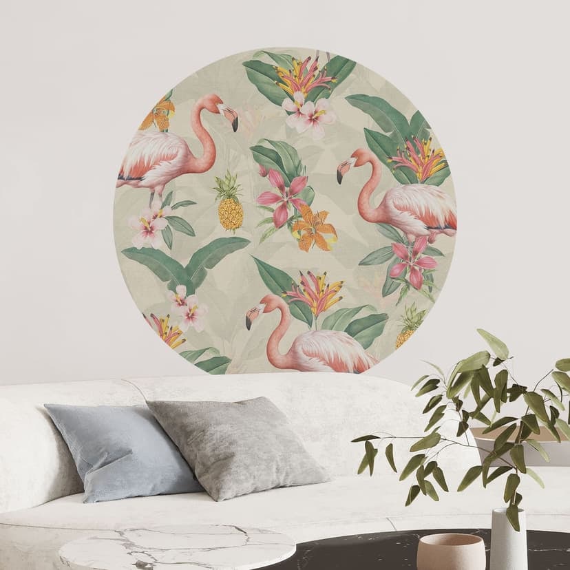 Adesivo murale con fenicotteri e foglie tropicali - Bloomery Decor - Rotondo