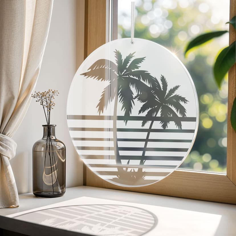 Stampa su acrilico, immagine per finestra da appendere Palme tropicali con strisce - Rotonda