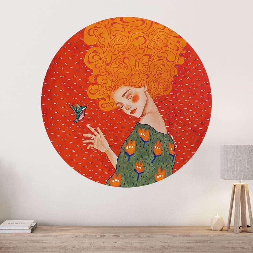 Adesivo murale con colibrì e donna in luce rossa - Hülya - Rotondo
