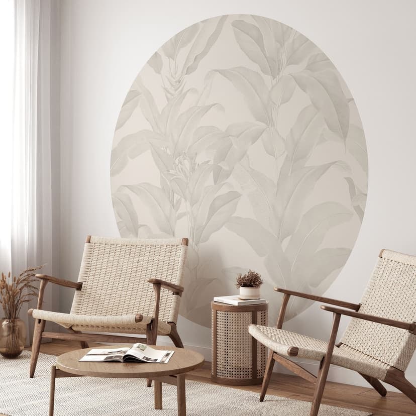 Fotomurale Tropical Leaves Cream - Decorazione floreale - Rotondo - Autoadesivo/non tessuto