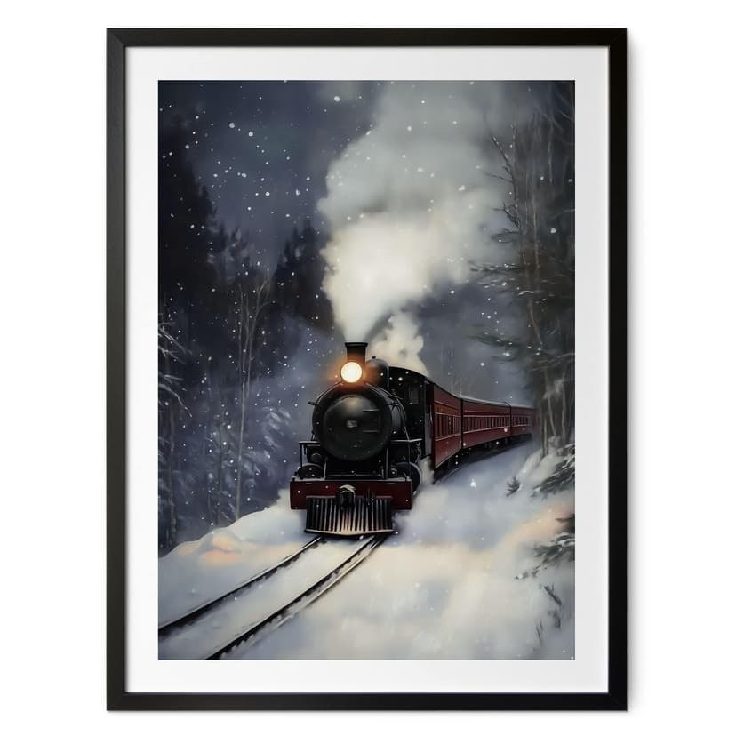 Poster Inverno - Locomotiva a vapore in una foresta innevata - Melloi Art Prints
