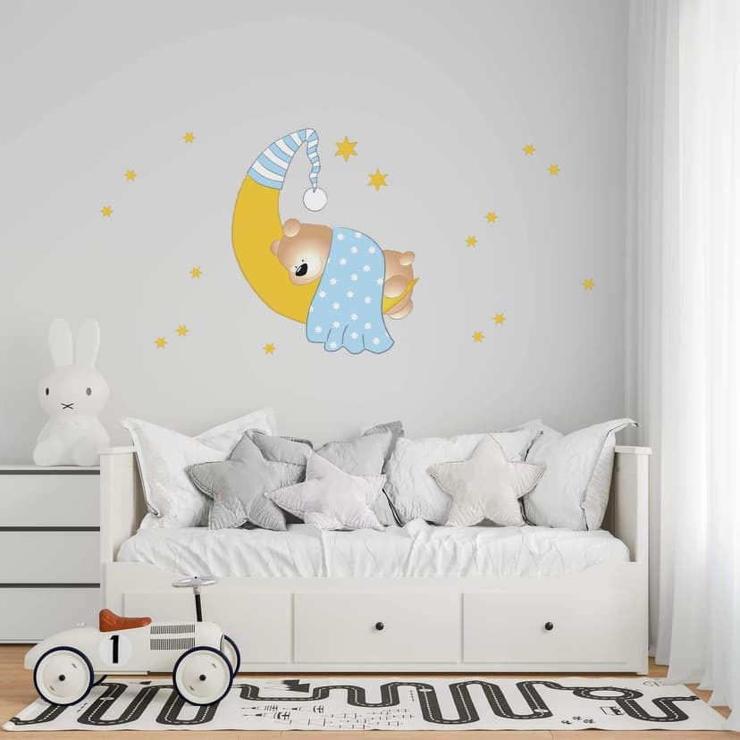 Adesivo murale - Orsacchiotto, Luna e stelle (in azzurro)