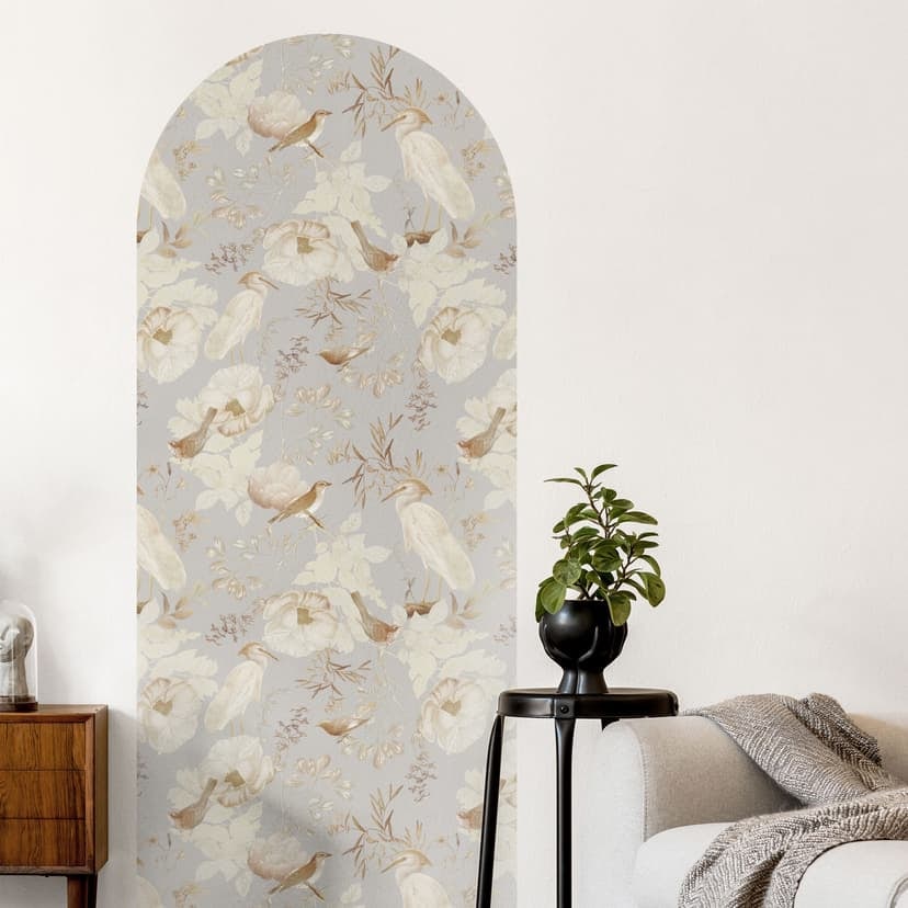 Adesivo murale pannello muro arco rotondo uccelli tra fiori bianchi - UN Design - stretto