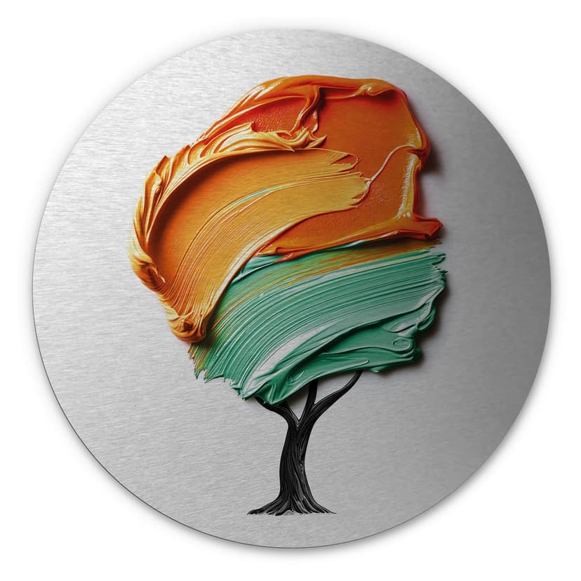 Stampe per pareti effetto argento con corona 3D arancione e verde - Mielu - Alu-Dibond Round