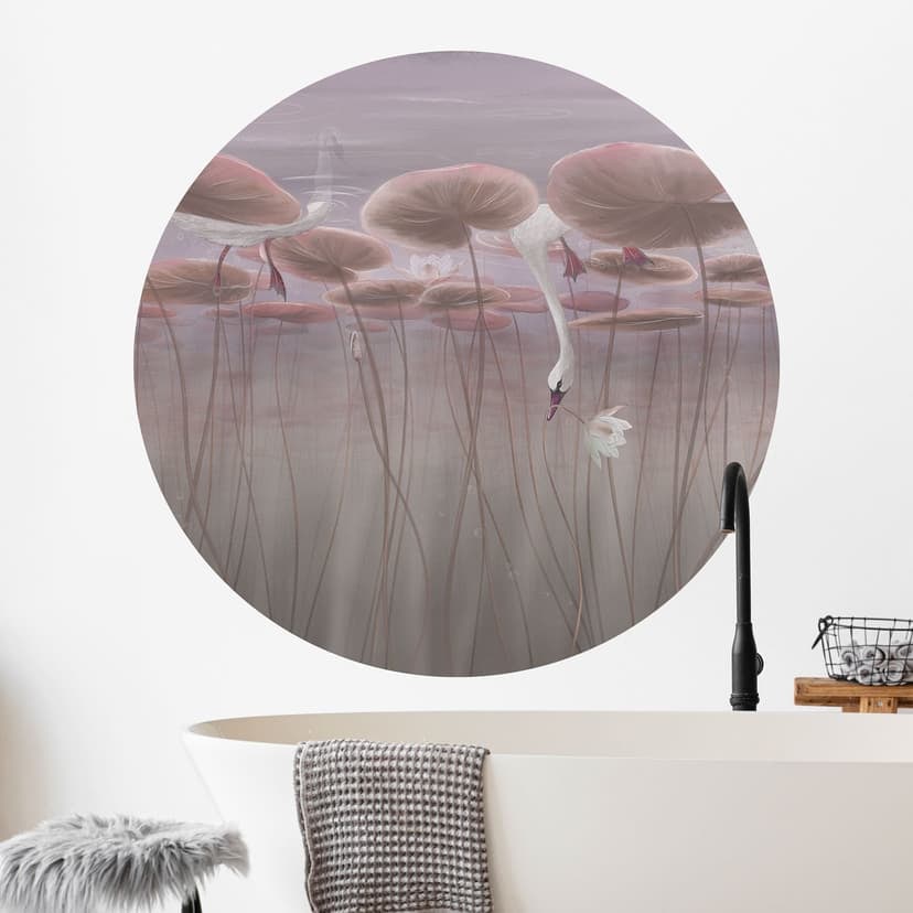 Adesivo murale con fiori di loto e cigno in acqua in rosa scuro - Ms Tiff - Rotondo