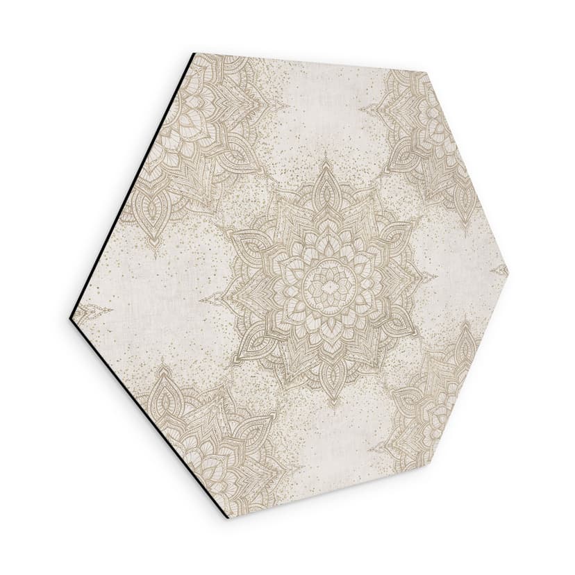 Stampe per pareti esagonali Mandala elegante in oro sabbia - Bloomery Decor - alluminio dibond